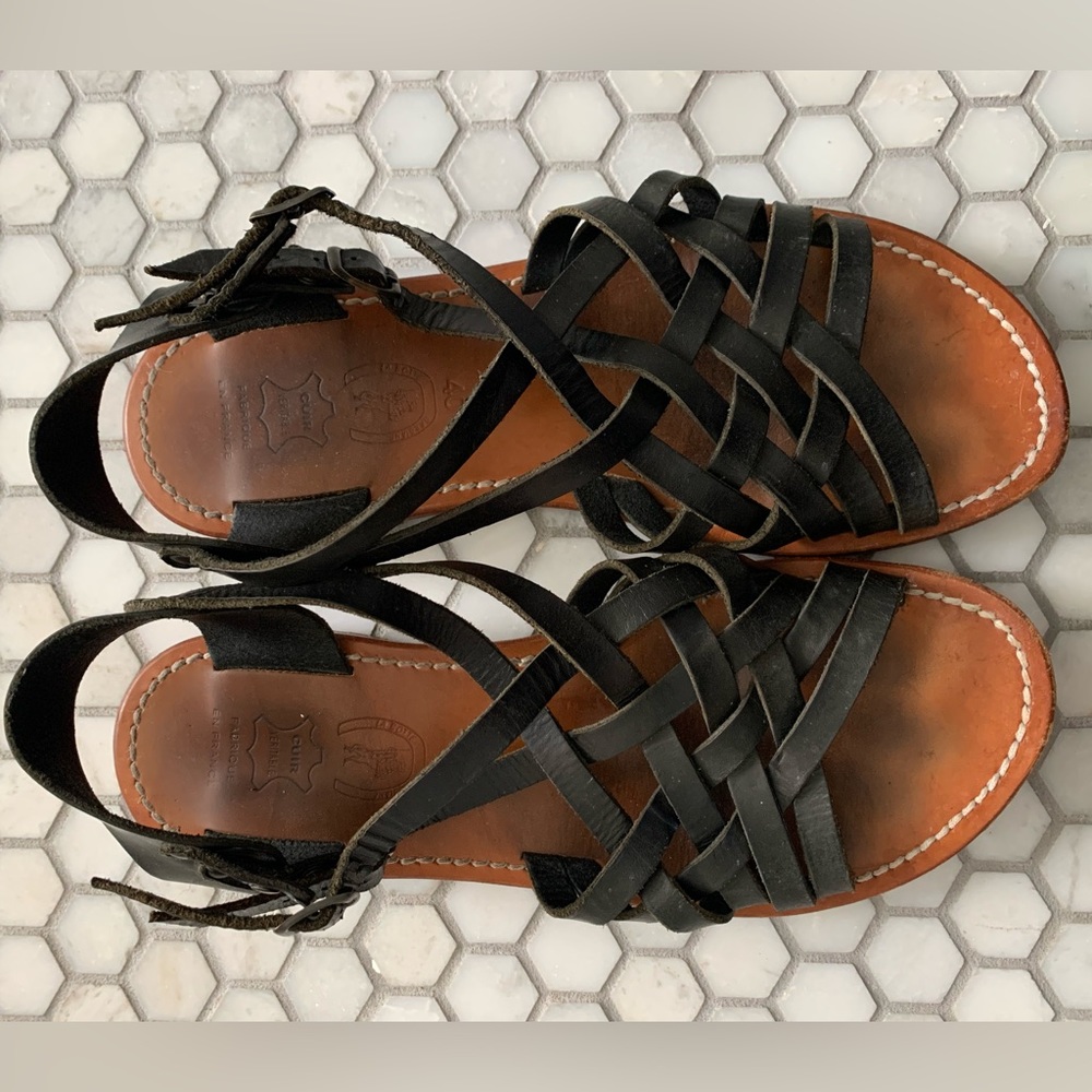 Cuir Veritable French Black Leather Sandals, Women Size 40